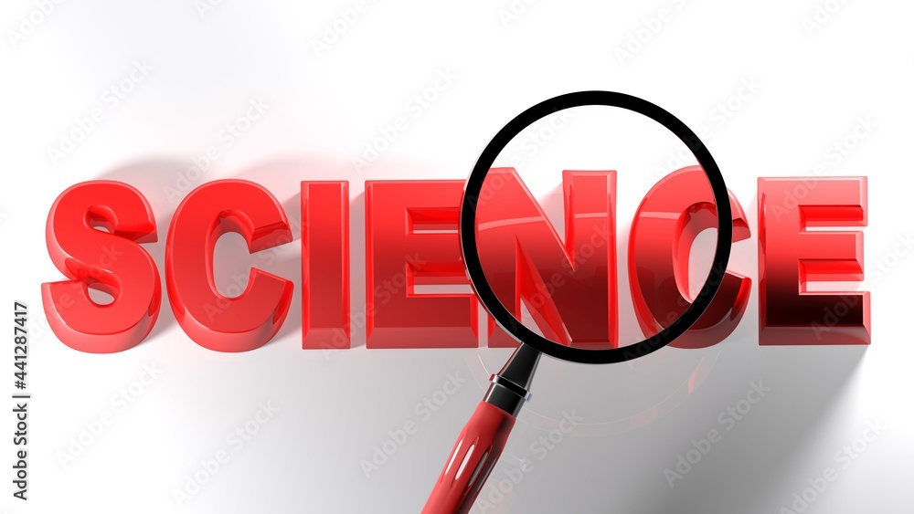 Aufkleber magnifier lens oer the red write science on white background - 3d rendering illustration