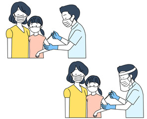 子供にワクチン接種をする医療従事者（半袖・シンプルカラー）