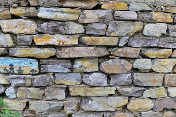 Brick and stone walls, red leaves