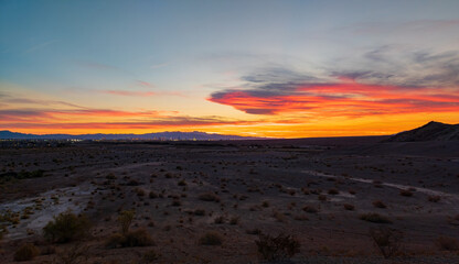 Sunset view of the famous strip skyline of Las Vegas at Nevada