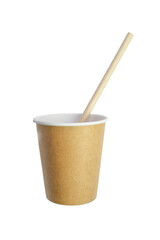 Recycled paper cup and drinking straw plastic free isolated on white background. Zero waste eco friendly concept.