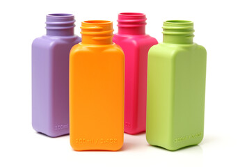 Colorful group of plastic bottles on white background