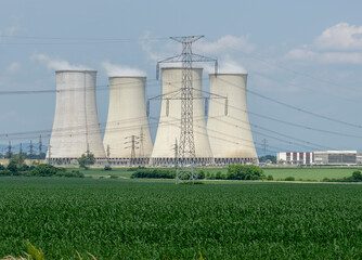 Cooling towers of nuclear power plant Jaslovske Bohunice , Slovakia with cloudy sky in the...