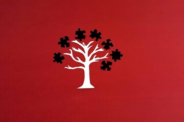 Tree, puzzles in black on a red background. Joint discussion, business projects.