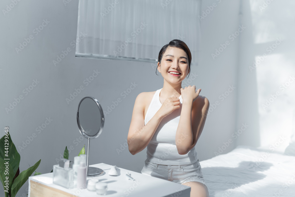 Wall mural asia girl skin care with happy with fresh, lifestyle and relax concept.