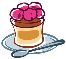 Cartoon piece of chocolate cake with raspberries. Chocolate cake on a plate.