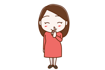 ＜全身・正面＞内緒だよの指を口に当てて笑顔になる女性