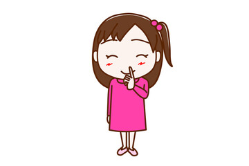 ＜全身・正面＞内緒だよの指を口に当てて笑顔になる少女