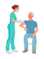 Nurse in mask vaccinating senior patient. Vector illustration.
