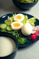 Healthy breakfast with milk and eggs