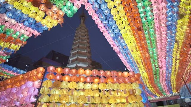 Colorful Lantern Decoration At Jogyesa Temple During Lotus Lantern Festival In Seoul. low angle, panning shot