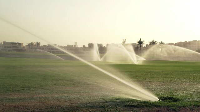 Golf course irrigation system spraying the green grass on sunny day.
