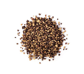 crushed black pepper on whited background. Top view