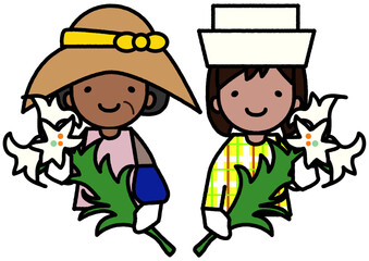 エラブユリをもった女性2人