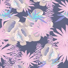 Indigo Pattern Textile. Navy Tropical Leaf. Cobalt Floral Palm. Blue Flora Botanical. Coral Decoration Exotic. Violet Wallpaper Texture. Purple Spring Botanical.
