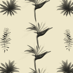 Black Pattern Hibiscus. Gray Tropical Art. White Floral Art. Decoration Palm. Floral Vintage. Summer Textile. Spring Design. Wallpaper Texture.