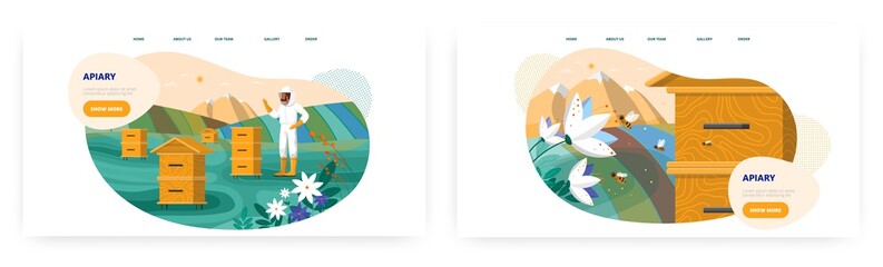 Apiary farm landing page design, website banner vector template set. Healthy organic honey production. Beekeeping.