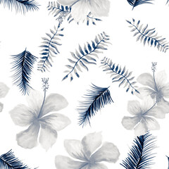 Fototapeta na wymiar Indigo Seamless Hibiscus. Cobalt Pattern Design. Blue Tropical Foliage. Navy Spring Leaf. Gray Decoration Nature. Drawing Painting. Watercolor Vintage.