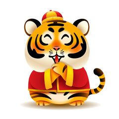 Cute little tiger with traditional Chinese costume greeting Gong Xi Gong Xi. Isolated.