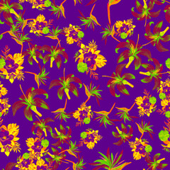 Naklejka na ściany i meble Lavender Pattern Texture. Violet Seamless Palm. Purple Tropical Painting. Plum Flower Design. Yellow Decoration Texture. Spring Exotic. Garden Leaf.