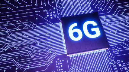 6G support microchip on smartphone circuit board, next generation smart iot communication microprocessor, 3d rendering futuristic fast real time mobile network internet technology concept