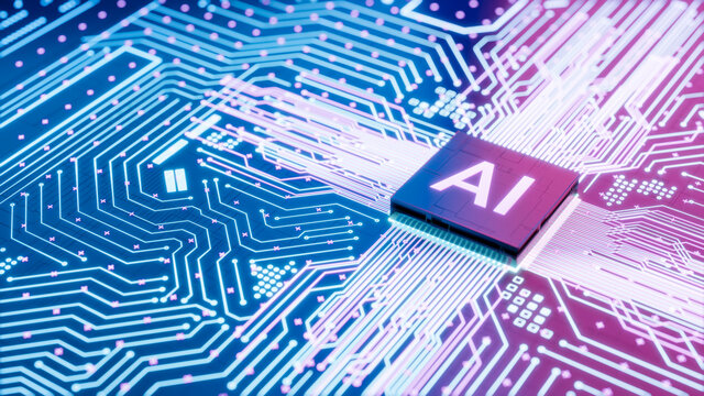 AI microprocessor on motherboard computer circuit, Artificial intelligence integrated inside Central Processors Unit or CPU chip, 3d rendering futuristic digital data technology concept background