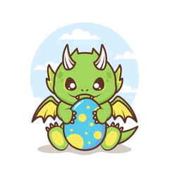 cute little baby dragon character smiling in the egg