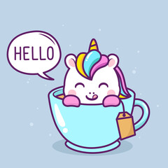 cute happy unicorn inside blue cup