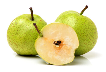 green pear on white.