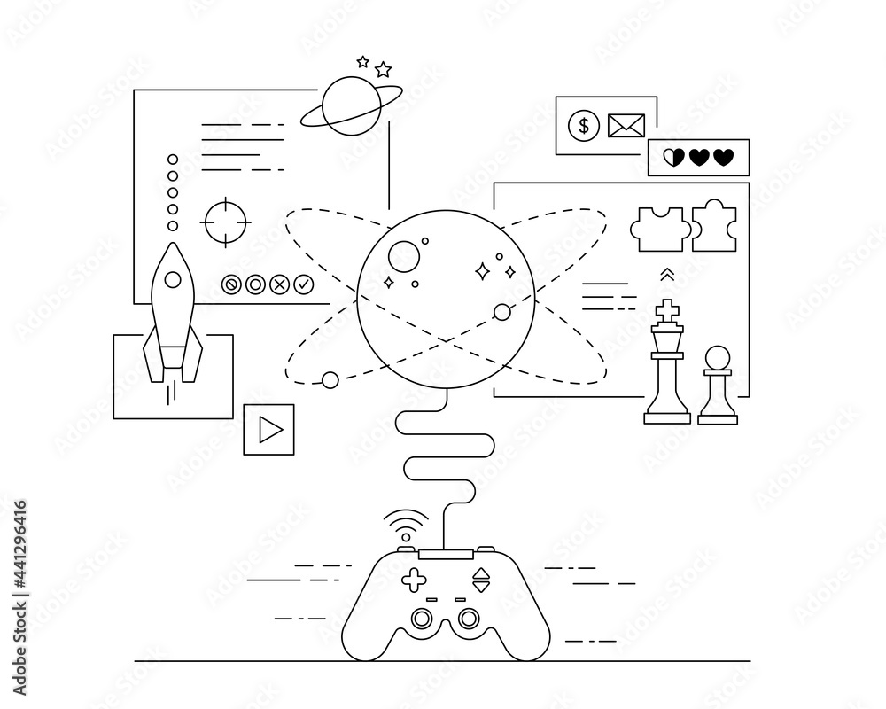 Poster game items extending from video game controllers. design with black lines on a white background. min