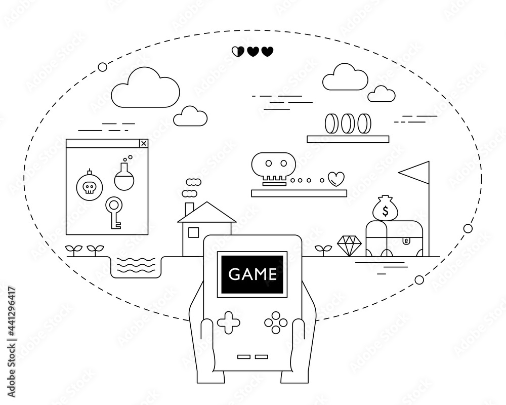 Poster a hand holding a video game and a game screen. design with black lines on a white background. minima