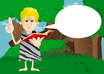 Cartoon prehistoric man reading a red book and making a point. Vector illustration of a man from the stone age.