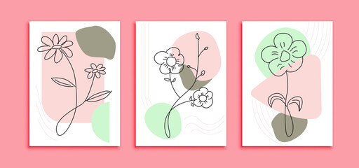 Fototapeta na wymiar set of modern Line art flowers poster template. abstract decoration wall with minimalist design concept pastel colour