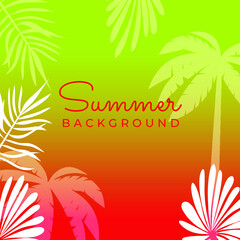 Fototapeta na wymiar Colourful green red summer background with floral, flower, dot, leaves, and palm trees.