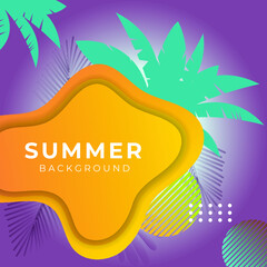 Fototapeta na wymiar Colourful green orange purple summer background with floral, flower, dot, leaves, and palm trees.