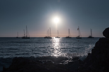Boats in thebeach of Cala Saona in Formentera in Spain in the summer 2021.