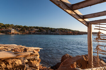 Fisherman's hut on the beach in Cala Saona in Formetera in summer 2021
