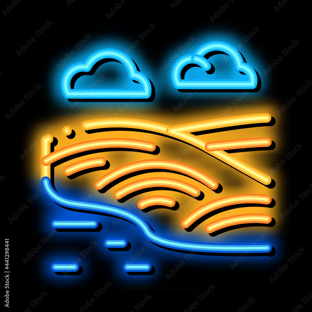 Sticker river landscape with hills neon light sign vector. glowing bright icon river landscape with hills si