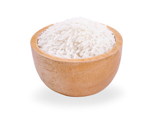 rice in wood bowl isolated on white background