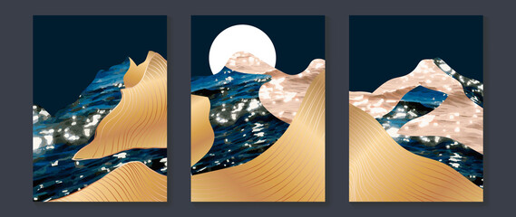 Gold mountain background vector. Mid century landscape art with sun and moon, Sea and Ocean. Modern contemporary art design for acrylic canvas , digital Prints, wallpaper, Poster, metal poster prints © TWINS DESIGN STUDIO