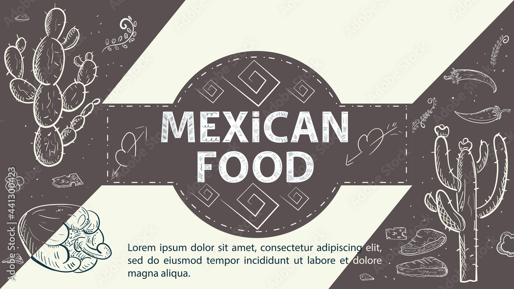 Wall mural Illustration sketch for the design in the center of the circle the inscription Mexican food Cacti sweet and hot pepper coffee color