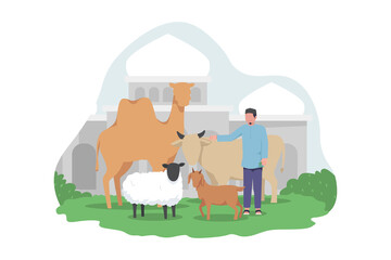 Illustration of a Muslim preparing cow, camel, goat, and sheep for Eid al-Adha