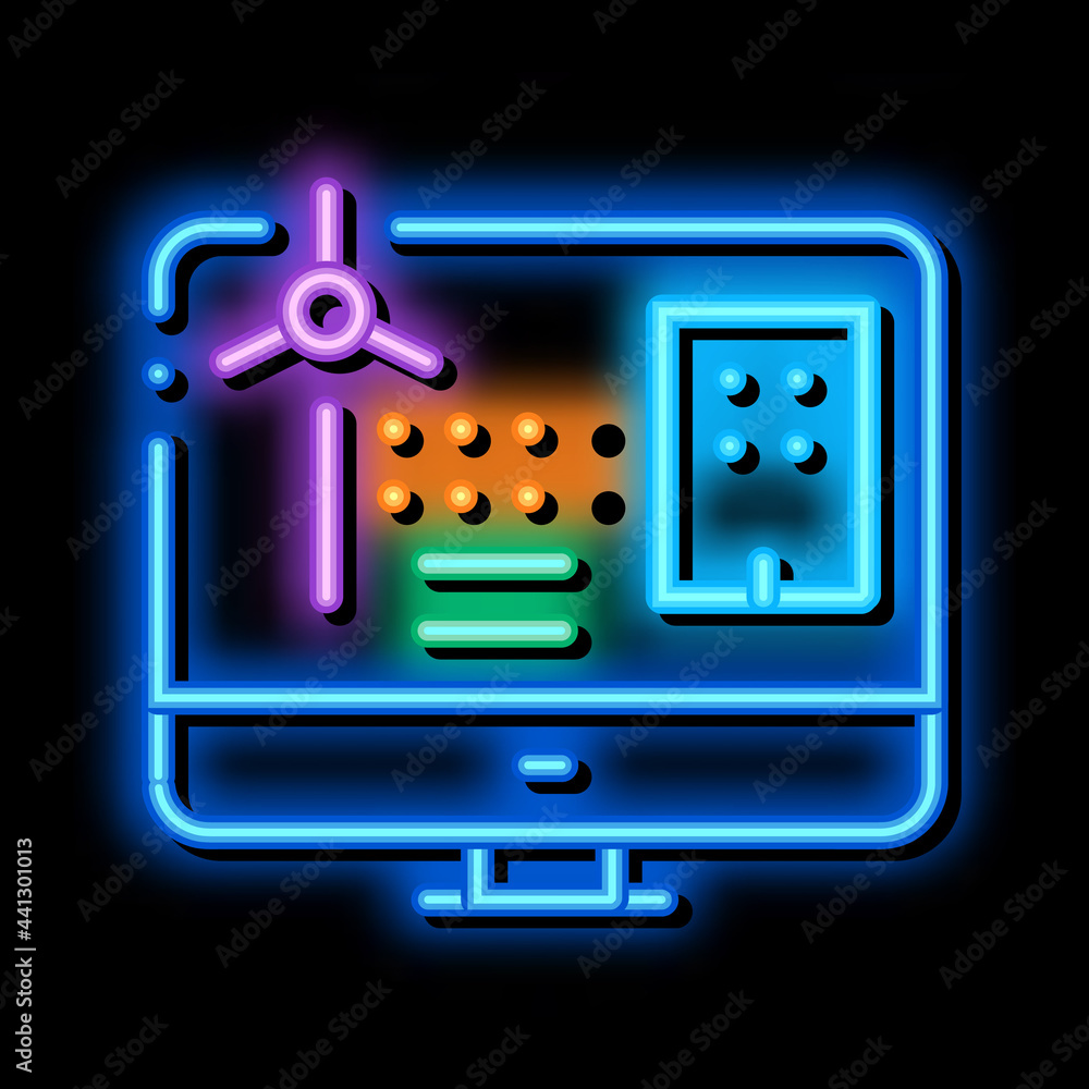Poster windmill computer control neon light sign vector. glowing bright icon windmill computer control sign