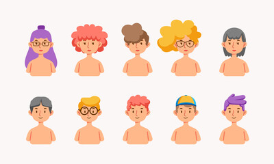 set of half body character figures boy and girl with different hairstyles and color