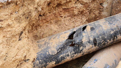 Plumbing is broken in the hole. Black plastic pipe (HDPE ) was damaged during the construction of a...
