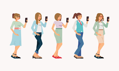Obraz premium set of woman in office outfit holding smartphone, with different clothes and hair styles
