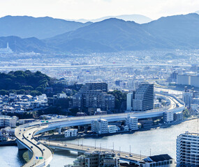 Modern city skyline aerial view in Fukuoka, Japan