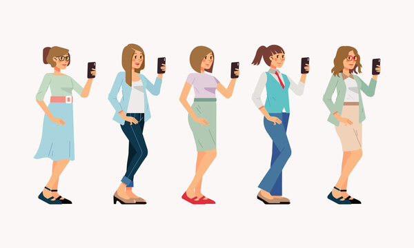set of woman in office outfit holding smartphone, with different clothes and hair styles