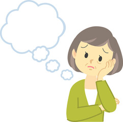 イラスト素材：かわいいおばあさんがもくもくとした吹き出し付きで考え事をする場面
