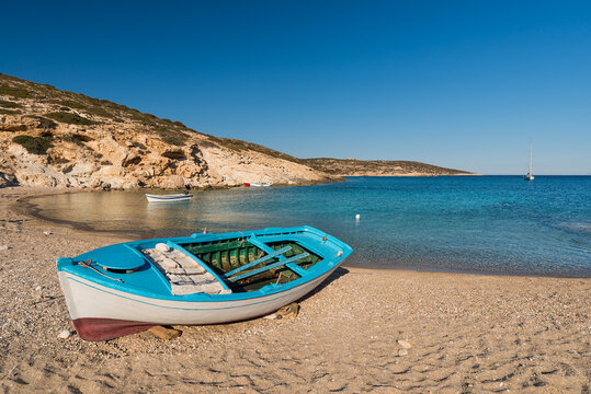 Small fishing boat on the beach of Kalotaritissa on the east coast of the Greek island of Donoussa in the Cyclades archipelago